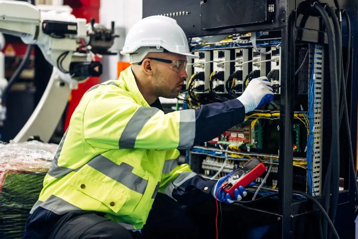 Electrician in a hard hat and safety vest testing a commercial control panel with a multimeter