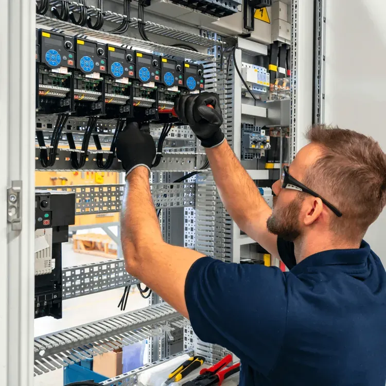 Electrician in safety glasses working on drives inside a commercial control cabinet