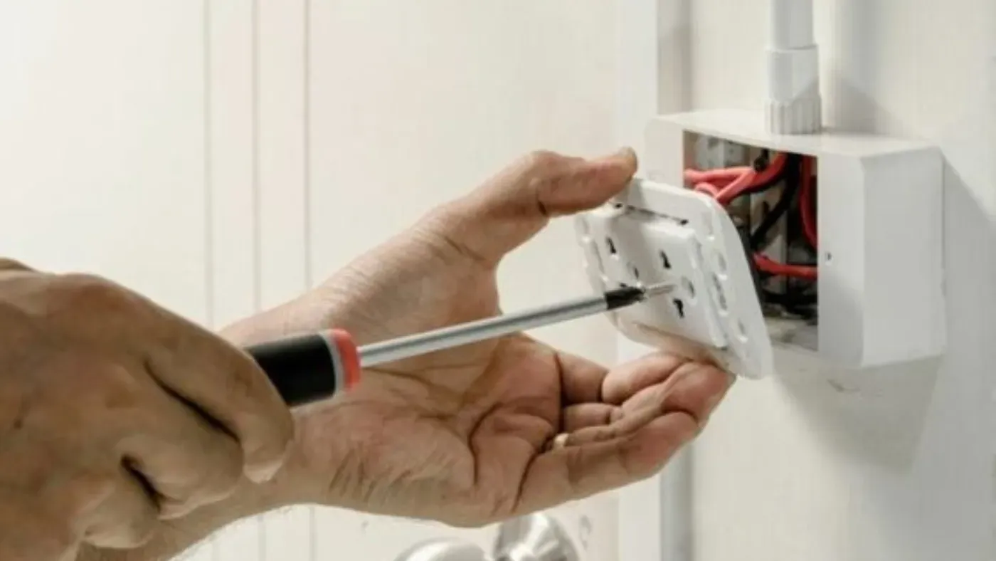 Electrician using a screwdriver to install an outlet in a surface mounted box