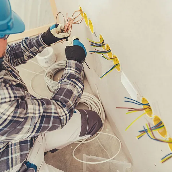Electrician in a hard hat pulling wire into new outlet boxes in an unfinished wall