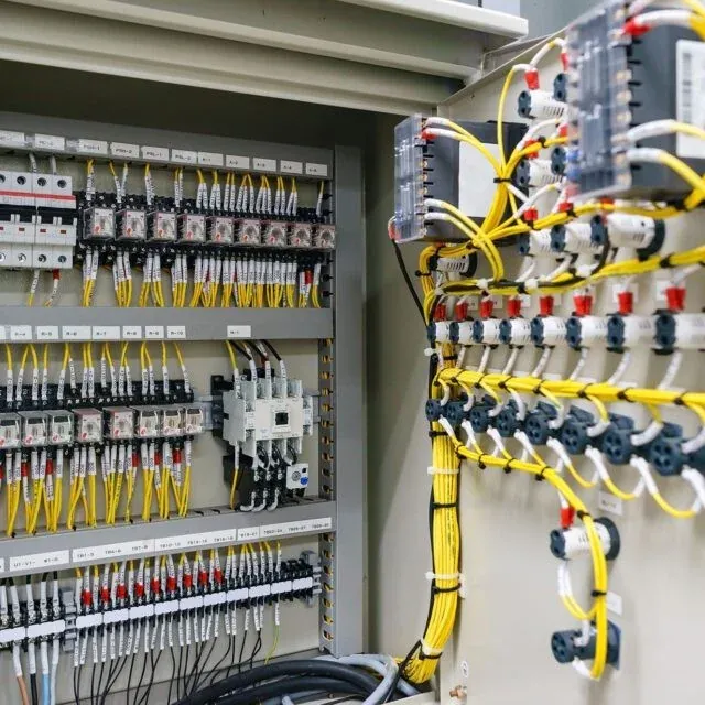Open electrical panel with rows of breakers and bundled yellow wiring