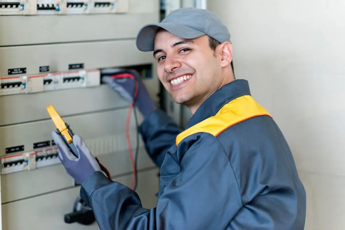 Smiling electrician testing an electrical panel with a clamp meter