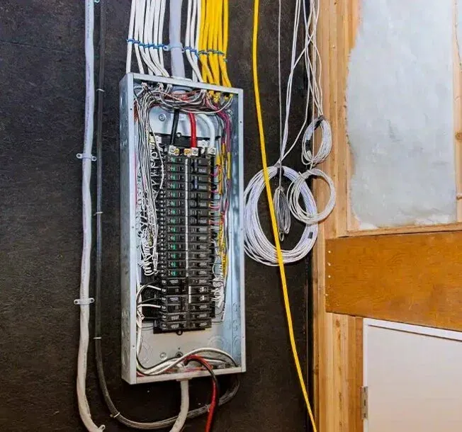 New breaker panel being wired in a home during construction