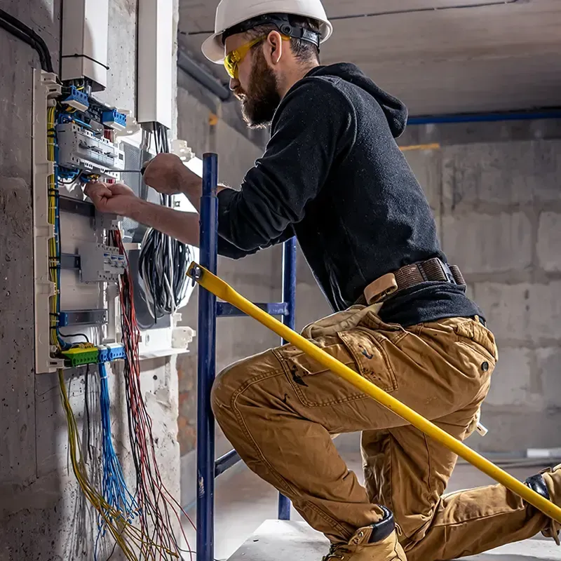 Electrician in a hard hat wiring a new breaker panel on a bare masonry wall during a renovation