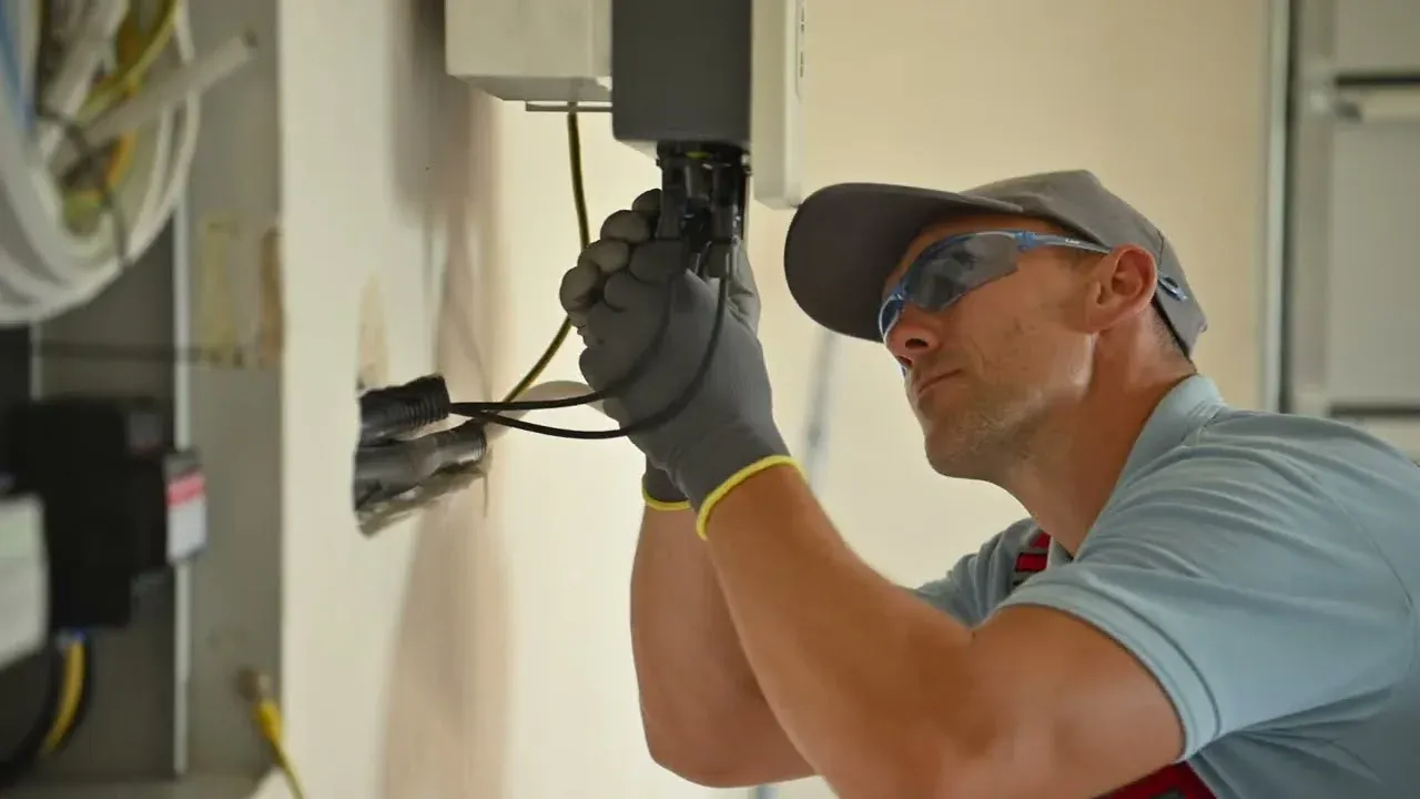 Electrician in safety glasses connecting wires at a junction box in a home