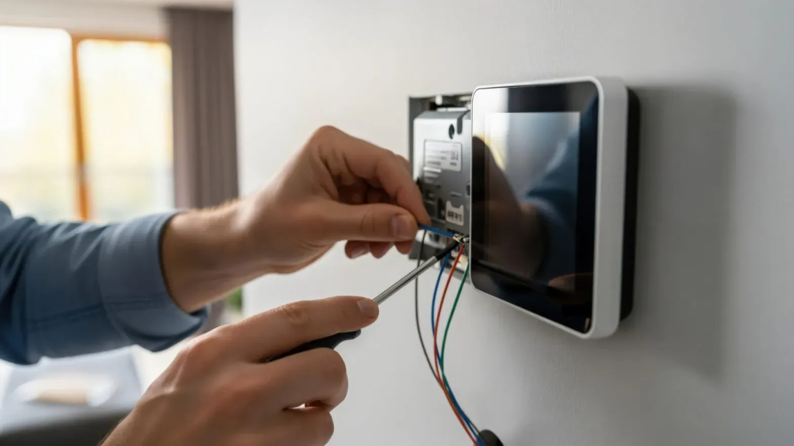 Electrician connecting wires to a wall mounted smart home touch screen control panel