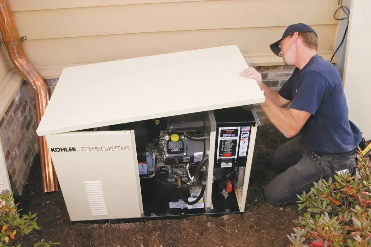 Electrician opening the cover of a Kohler standby generator installed beside a house