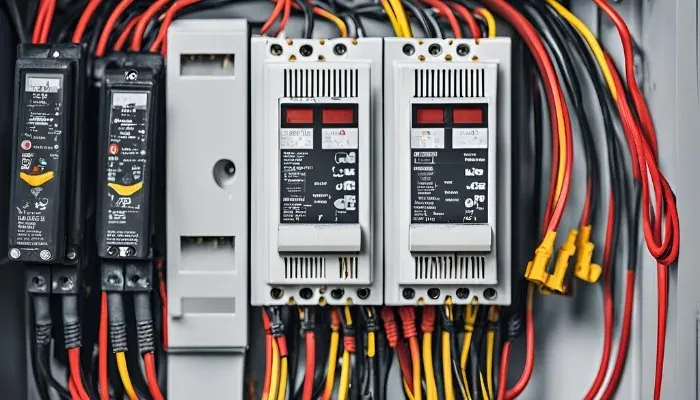 Two surge protection devices wired into an electrical panel next to the breakers