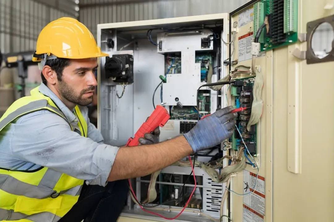 Electrician in a hard hat testing wiring in an open control panel with a clamp meter