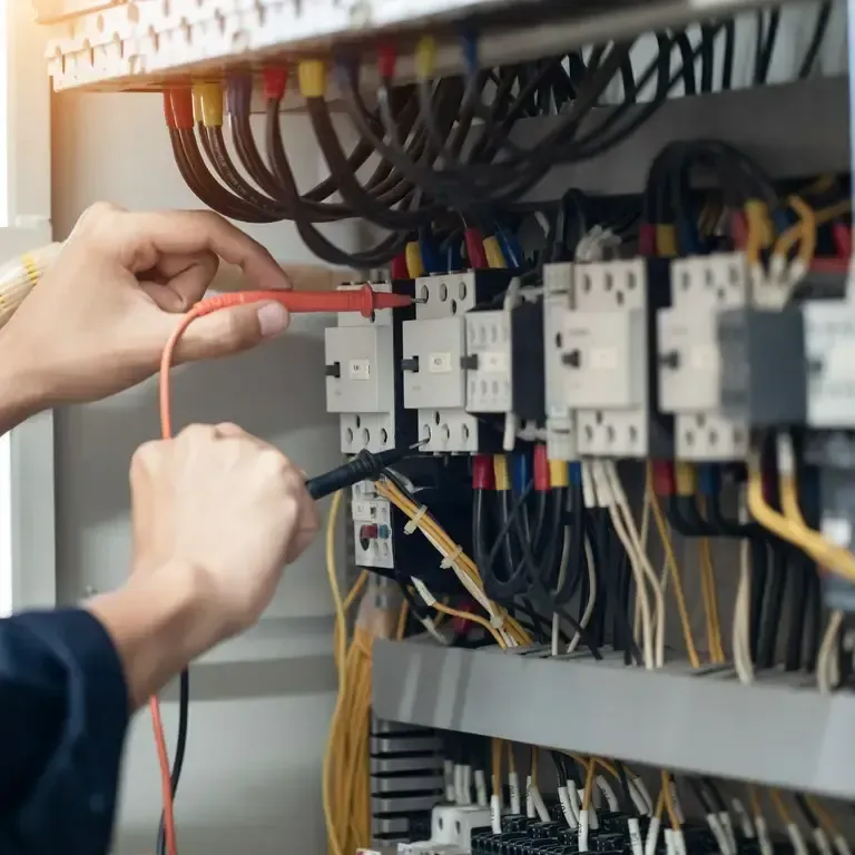 Electrician testing wires in an electrical panel with meter probes