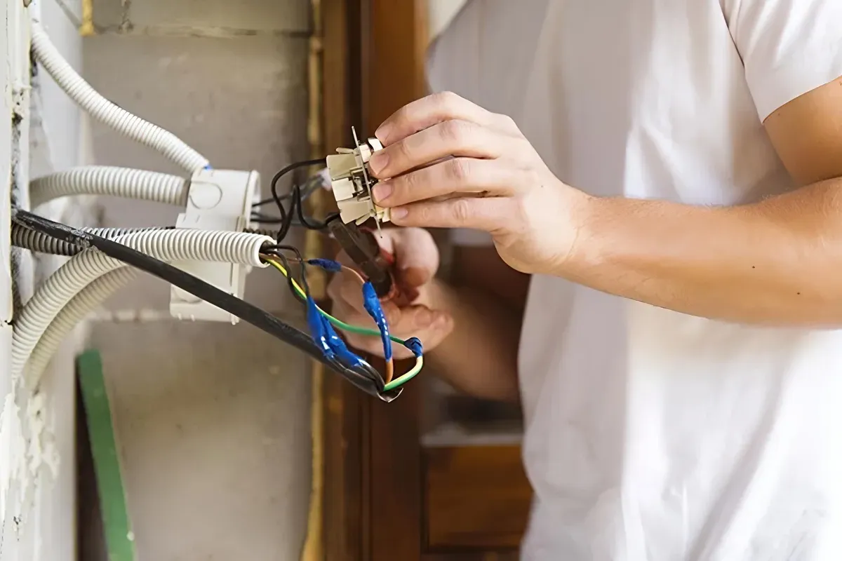 Electrician connecting wires to a new switch at a wall box with conduit runs