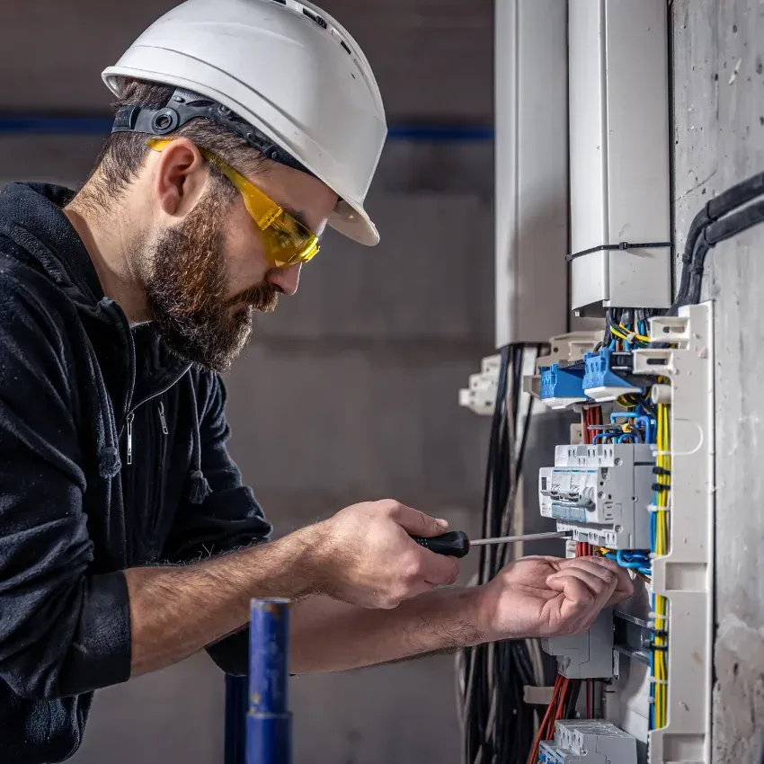 Electrician in a hard hat and safety glasses checking breakers in a panel with a screwdriver