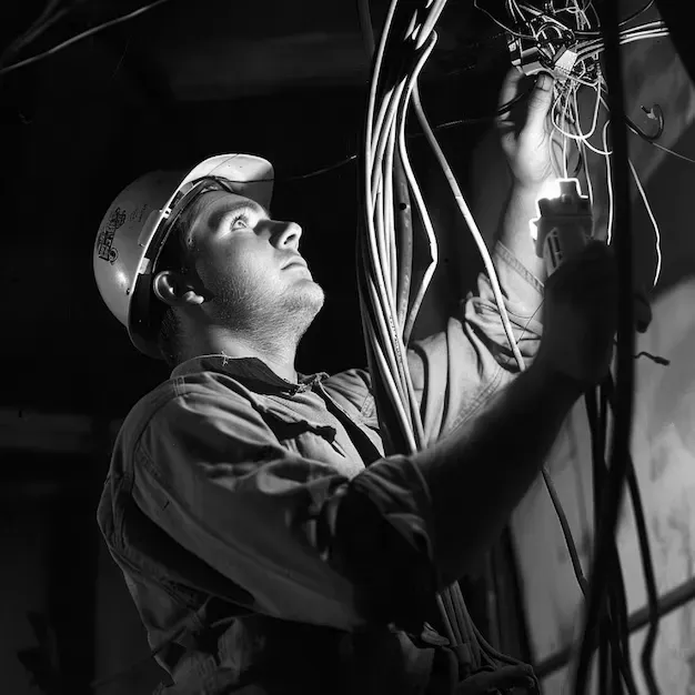 Electrician in a hard hat testing overhead wiring with a voltage tester